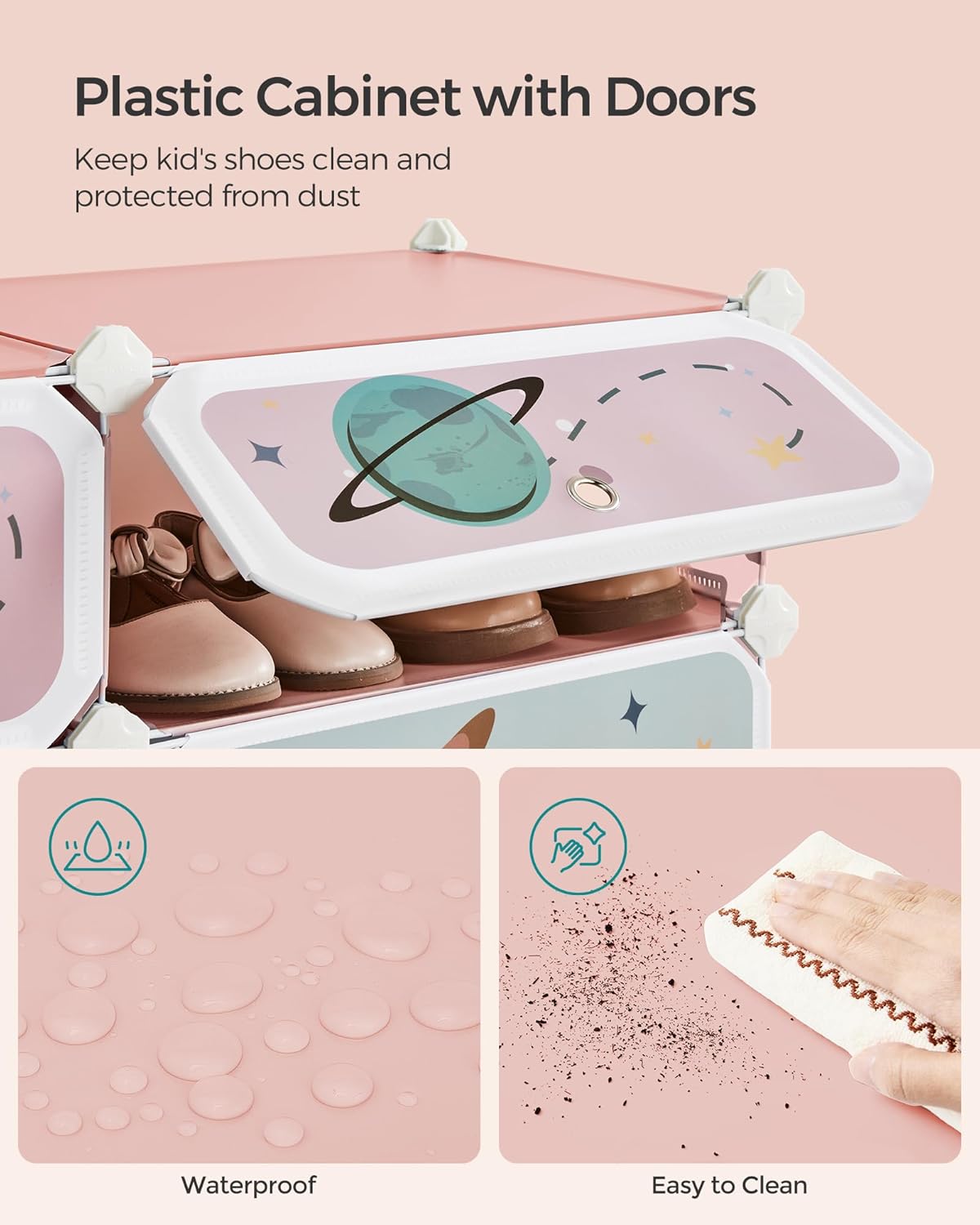 Zapatero para niños con puertas, organizador de almacenamiento apilable de 12