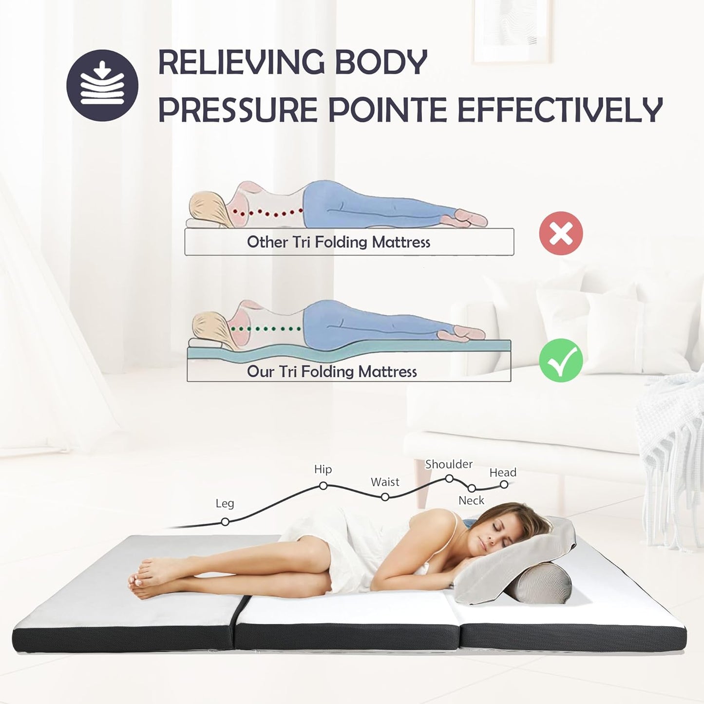 Colchón plegable, colchón de espuma viscoelástica de gel de tres pliegues,