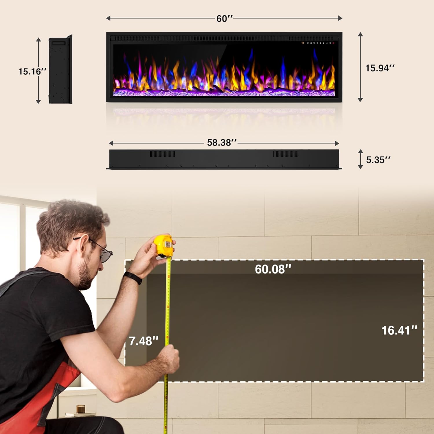 Smart - Calentador eléctrico de chimenea de 60 pulgadas habilitado para WiFi,...