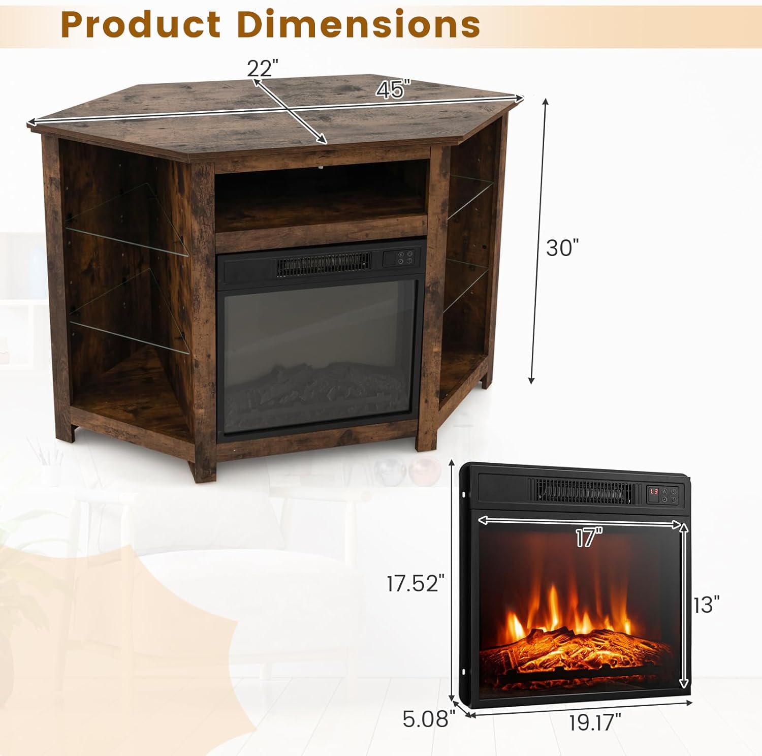 COSTWAY Soporte de TV de esquina con chimenea eléctrica para televisores de...