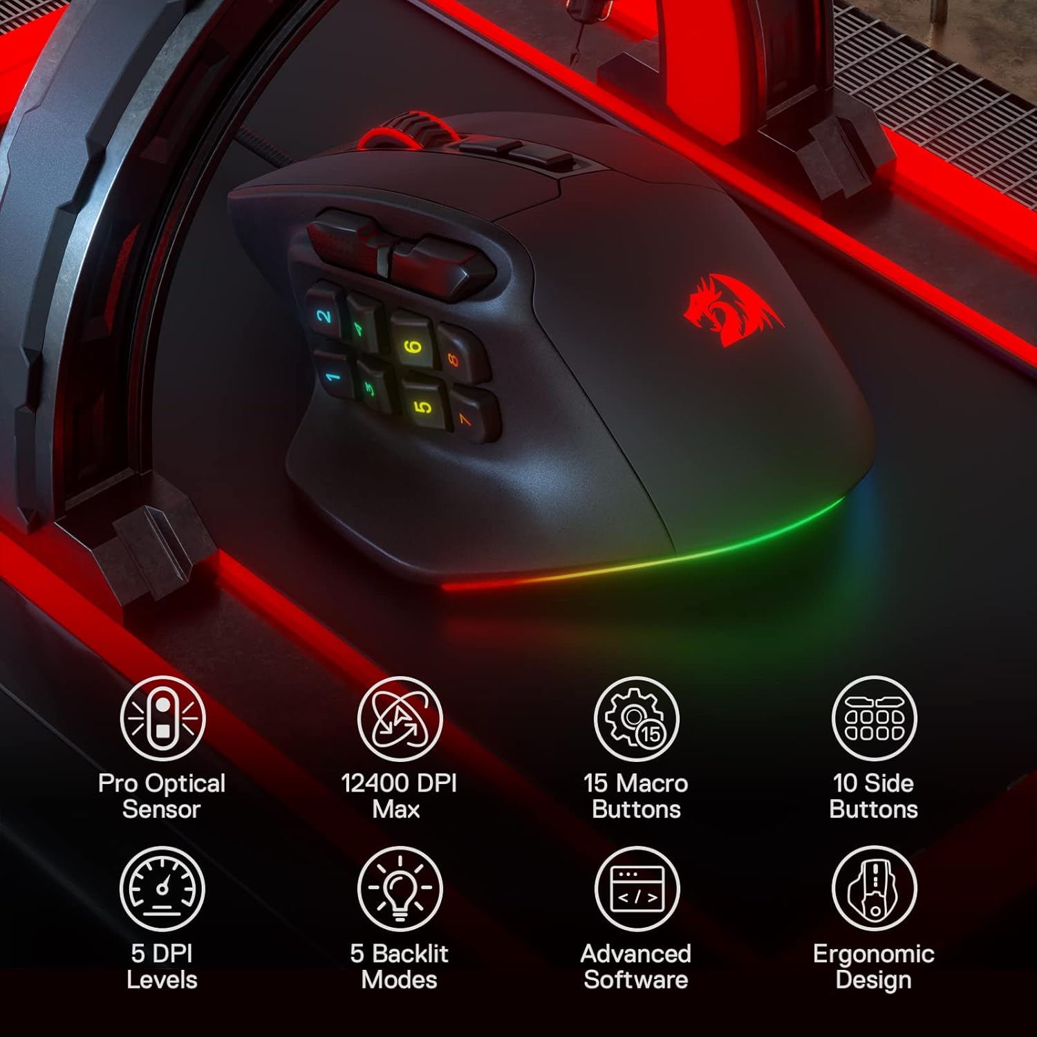 Redragon M811 Aatrox MMO Mouse para juegos, 15 botones programables con cable...