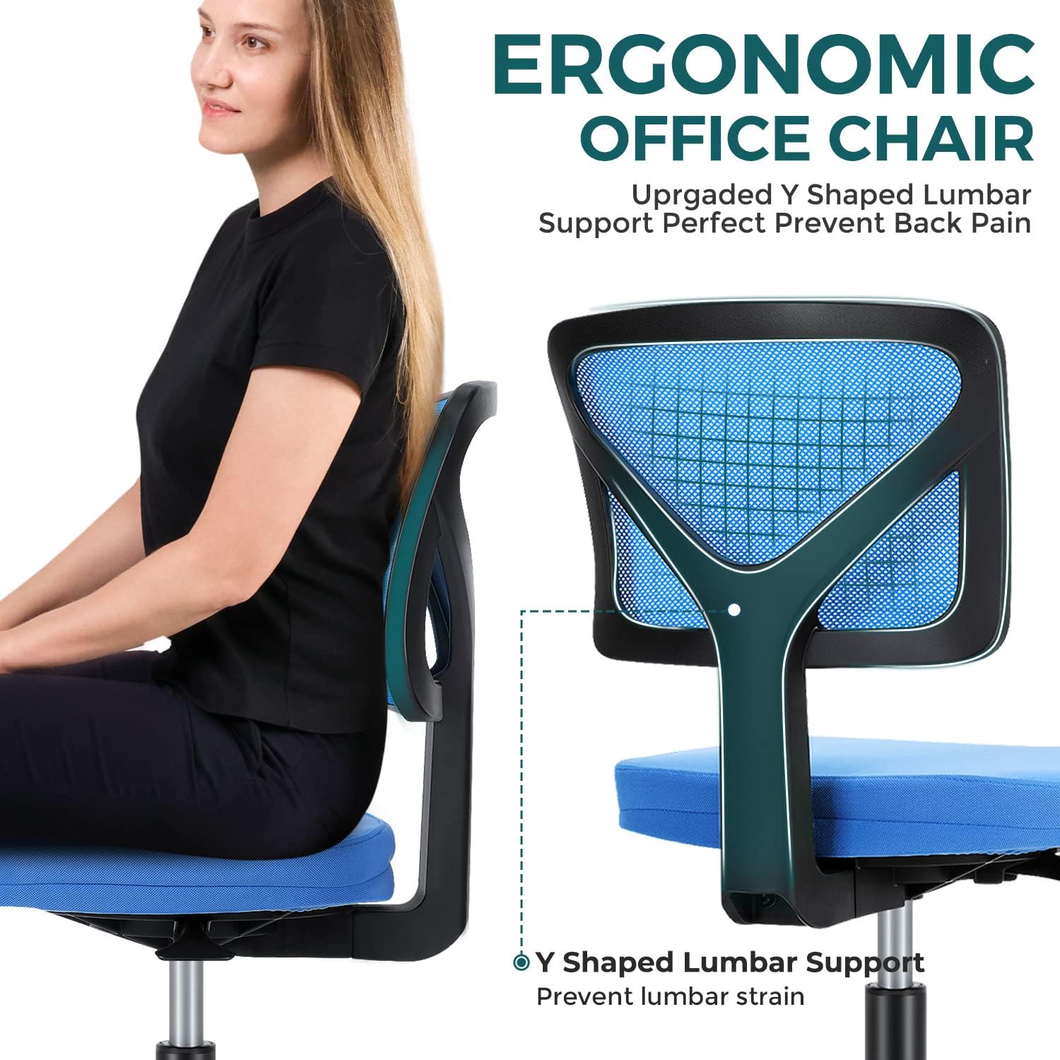 DUMOS Sillas de escritorio sin brazos con ruedas, bonita silla de oficina en...