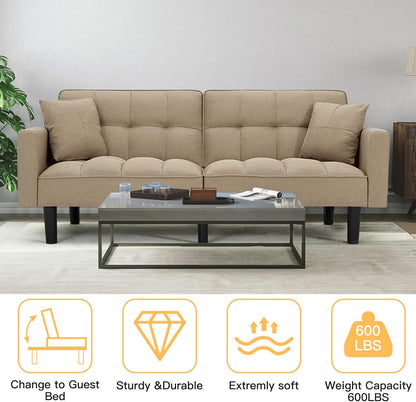 Sofá cama tipo futón, moderno sofá cama convertible de tela de lino tapizado