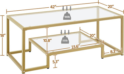 Yaheetech Mesa auxiliar dorada, mesa de centro rectangular de vidrio de 42...