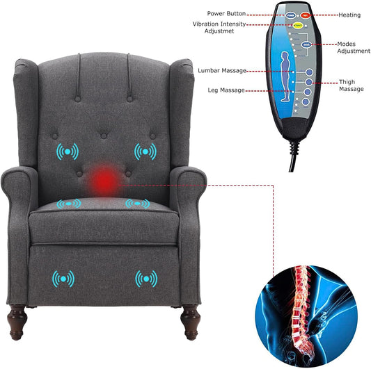 Wingback Silla reclinable con respaldo de empuje y masaje, sofá individual