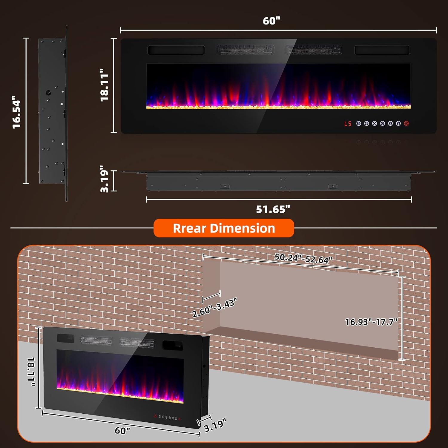 Chimenea eléctrica de pared de 60 pulgadas para sala de estar, calentador de...