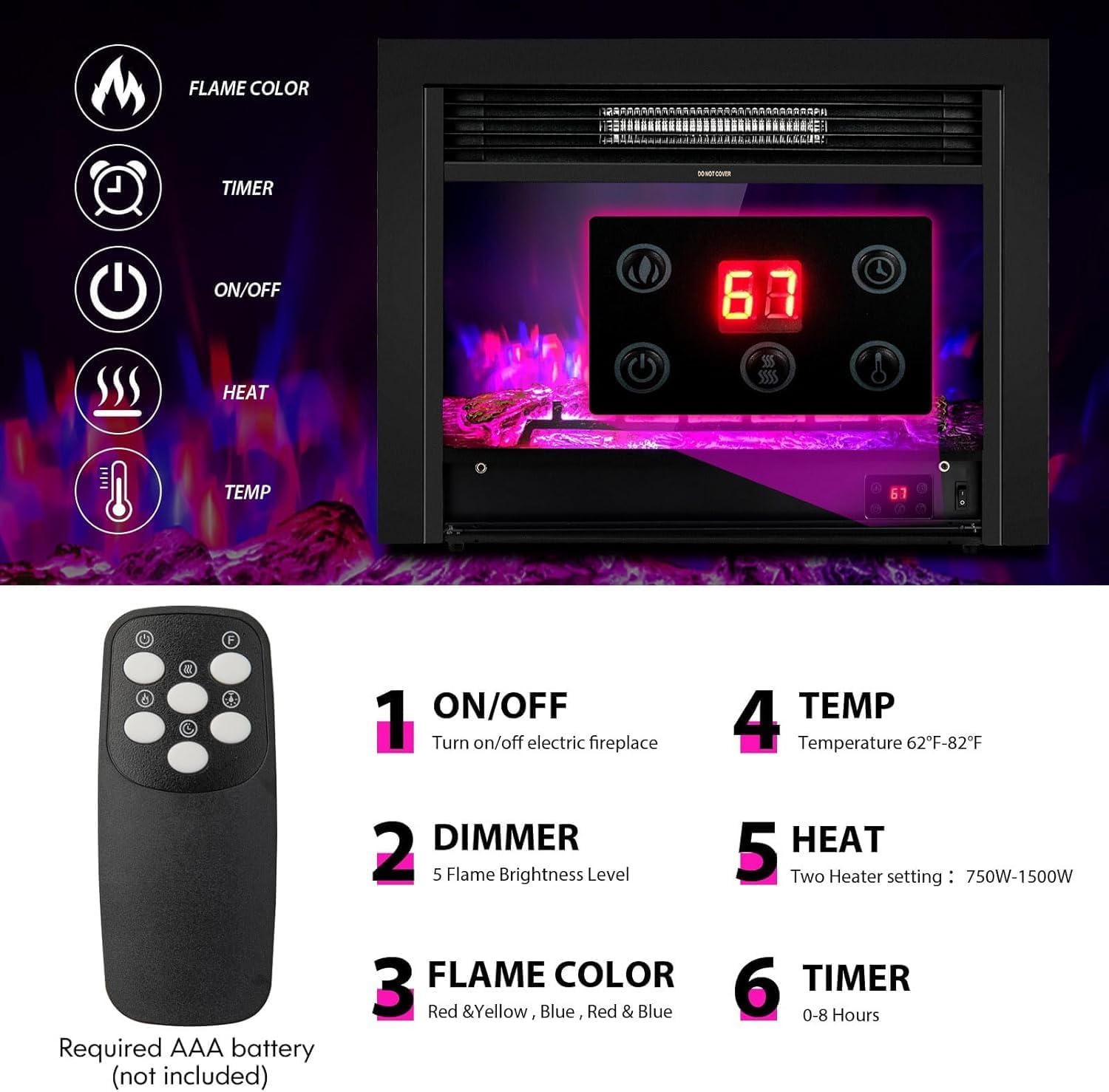 RELAX4LIFE Insertos de chimenea eléctrica de 28.5 pulgadas, calentador de...