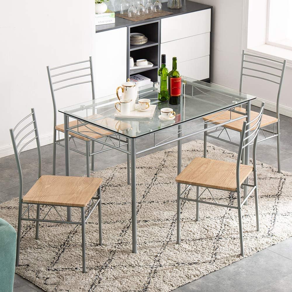 Juego de mesa de comedor de 5 piezas con 1 mesa de comedor de cristal y 4