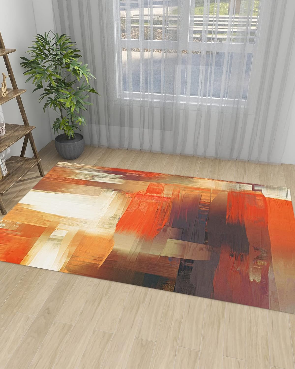 Alfombra de interior naranja de 5 pies x 8 pies, marrón moderno arte abstracto...