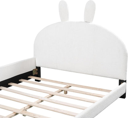 Cama tapizada de plataforma matrimonial con cabecera en forma de orejas de