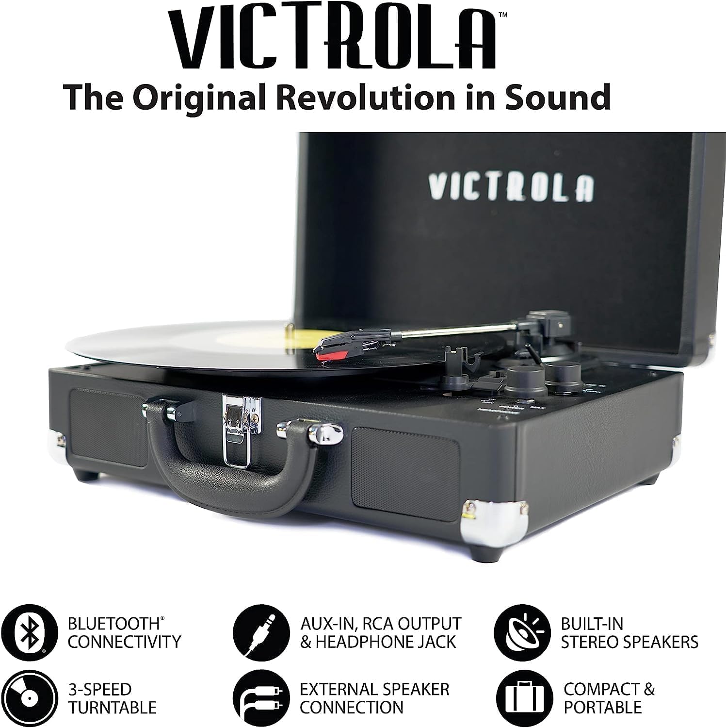 Victrola Tocadiscos portátil de maleta, estilo vintage, 3 velocidades y...