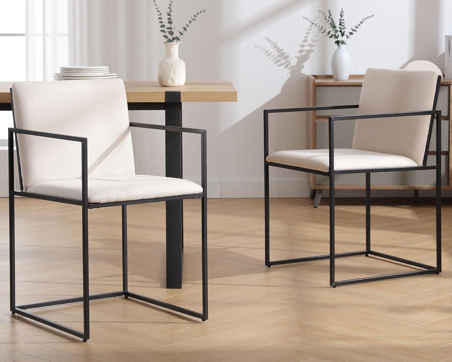 Sillas de comedor de lino con patas de metal negro, sillas de comedor modernas