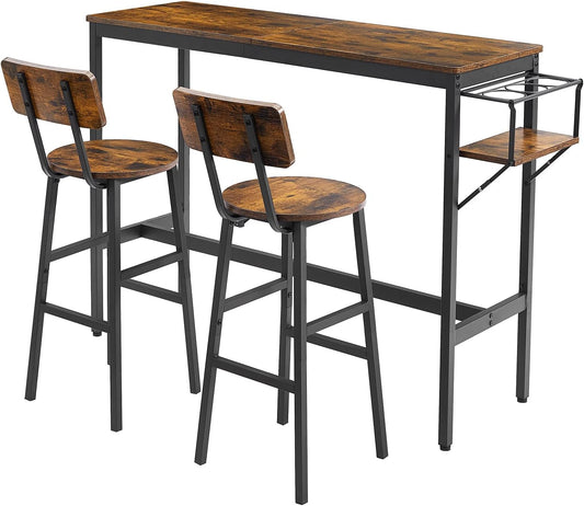 Juego de mesa de bar y sillas de 3 piezas, mesa de pub con estante plegable