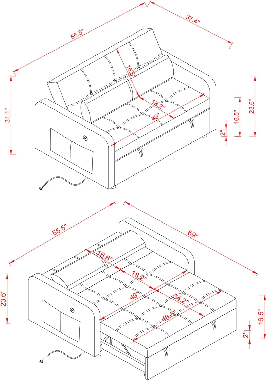 Sofá cama convertible 3 en 1, tamaño individual, sofá biplaza nido de 55.5