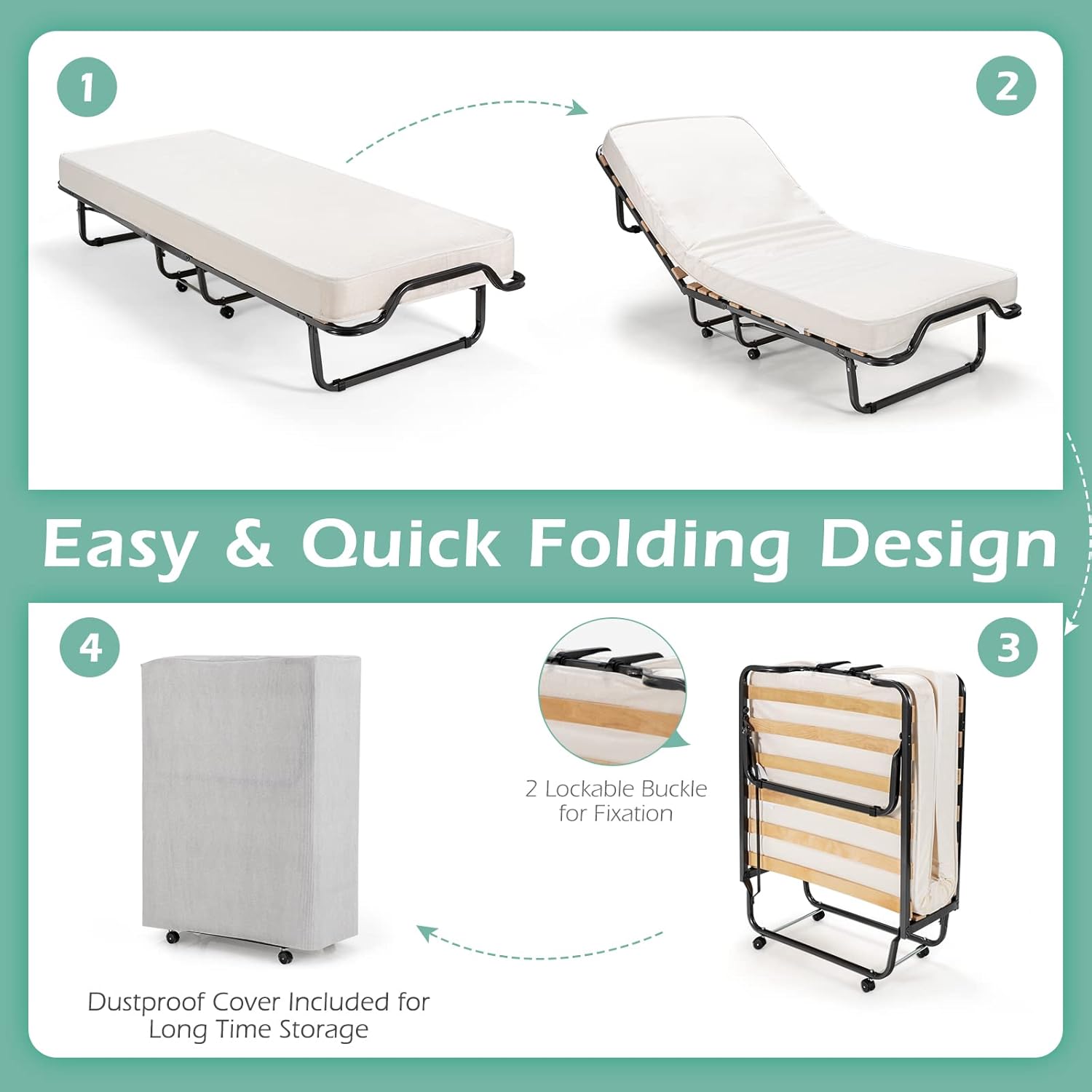Cama plegable con colchón de 4 pulgadas, cama plegable para invitados con