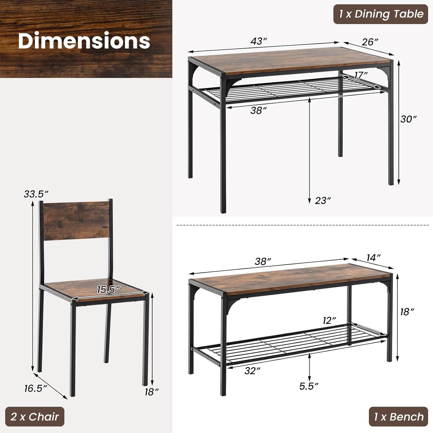 Tangkula Juego de mesa de comedor para 4, mesa de cocina con banco y sillas,