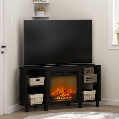 Furinno Jensen - Soporte esquinero para TV con chimenea, 4 compartimentos...