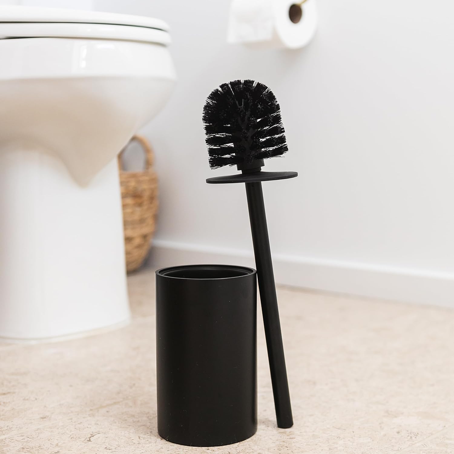 Cepillo de inodoro negro mate para baño con soporte, limpiador de baño con...