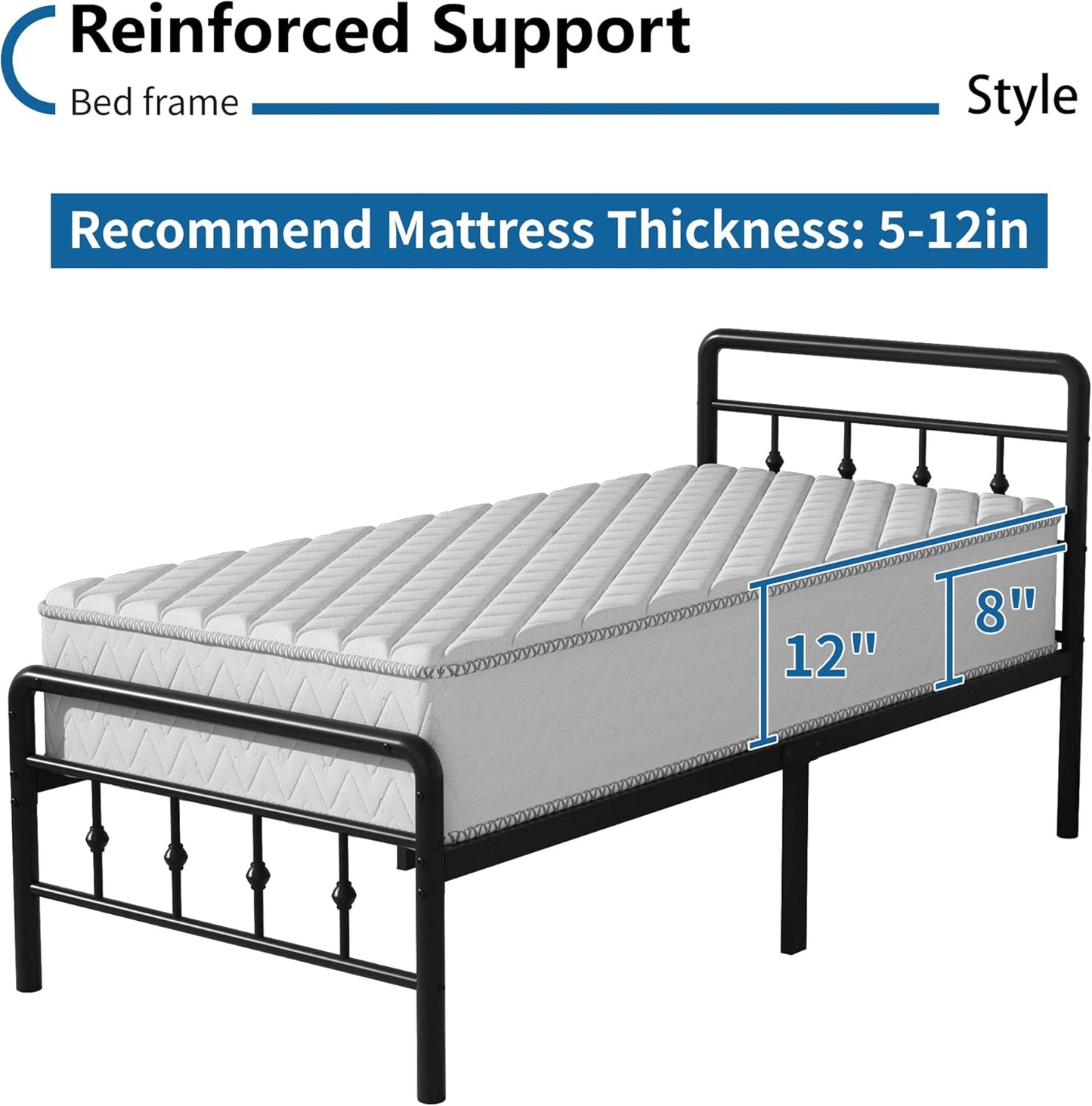 Base de cama individual XL de 16 pulgadas con cabecero y estribo, plataforma de...