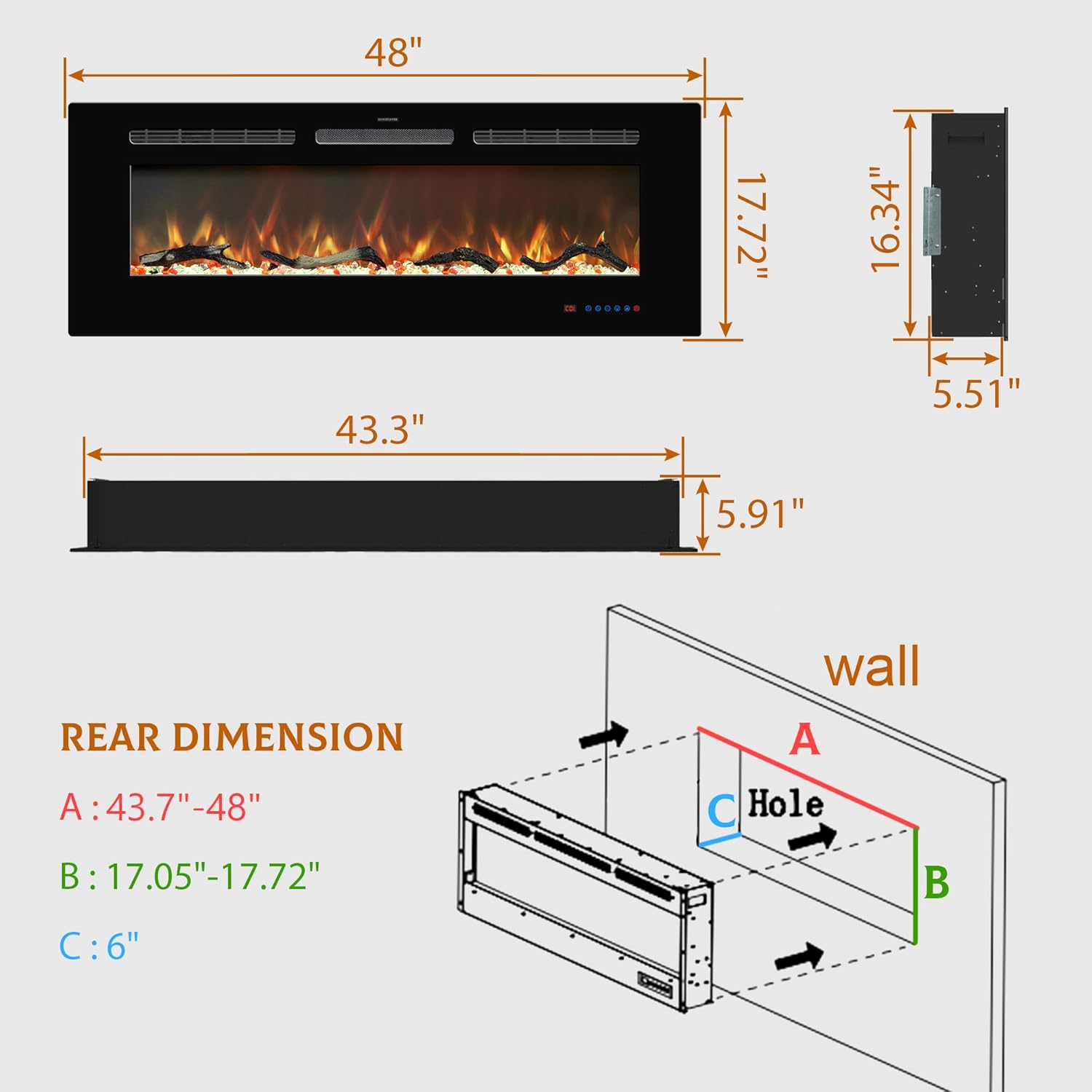 Insertos de chimenea eléctrica de 48 pulgadas, calentador de chimenea empotrado...