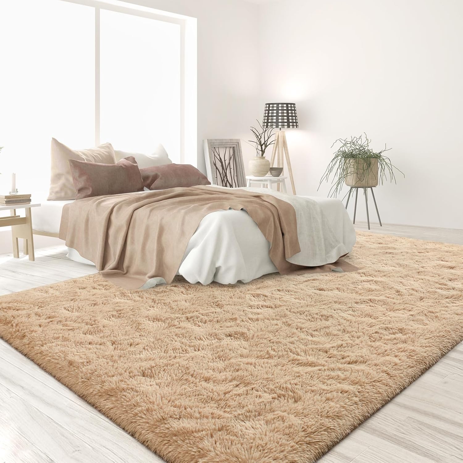 Lascpt Alfombra de pelo largo súper suave para sala de estar, alfombra beige de...