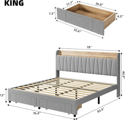 GAOMON Base de cama tamaño King con 2 cajones de almacenamiento, base de cama...