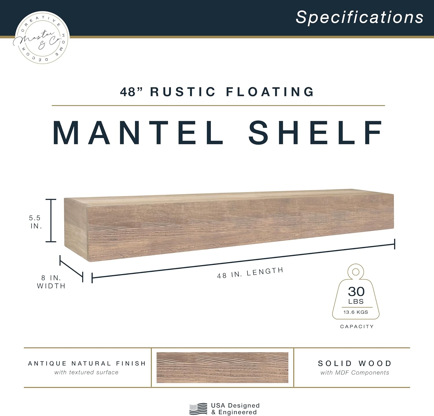 Master & Co - Mantel flotante de madera maciza de madera maciza con diseño...