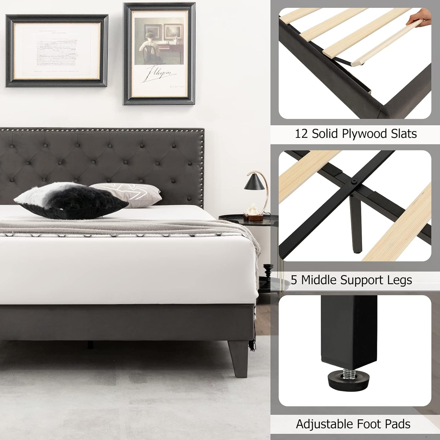KOMFOTT Base de cama tapizada tamaño matrimonial, base de cama de plataforma...