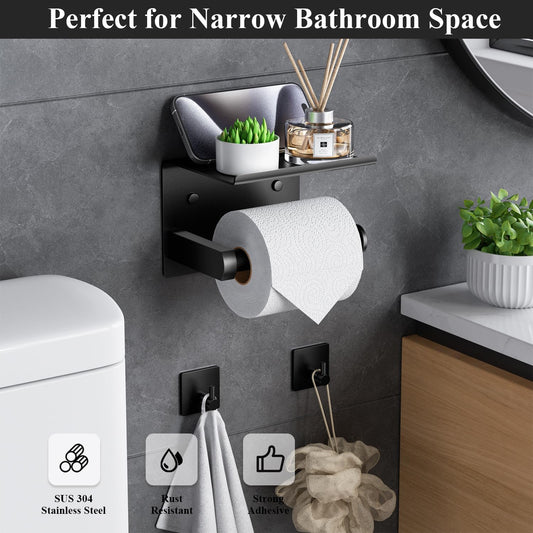 Tindbea Soporte de papel higiénico con estante para teléfono + ganchos para...