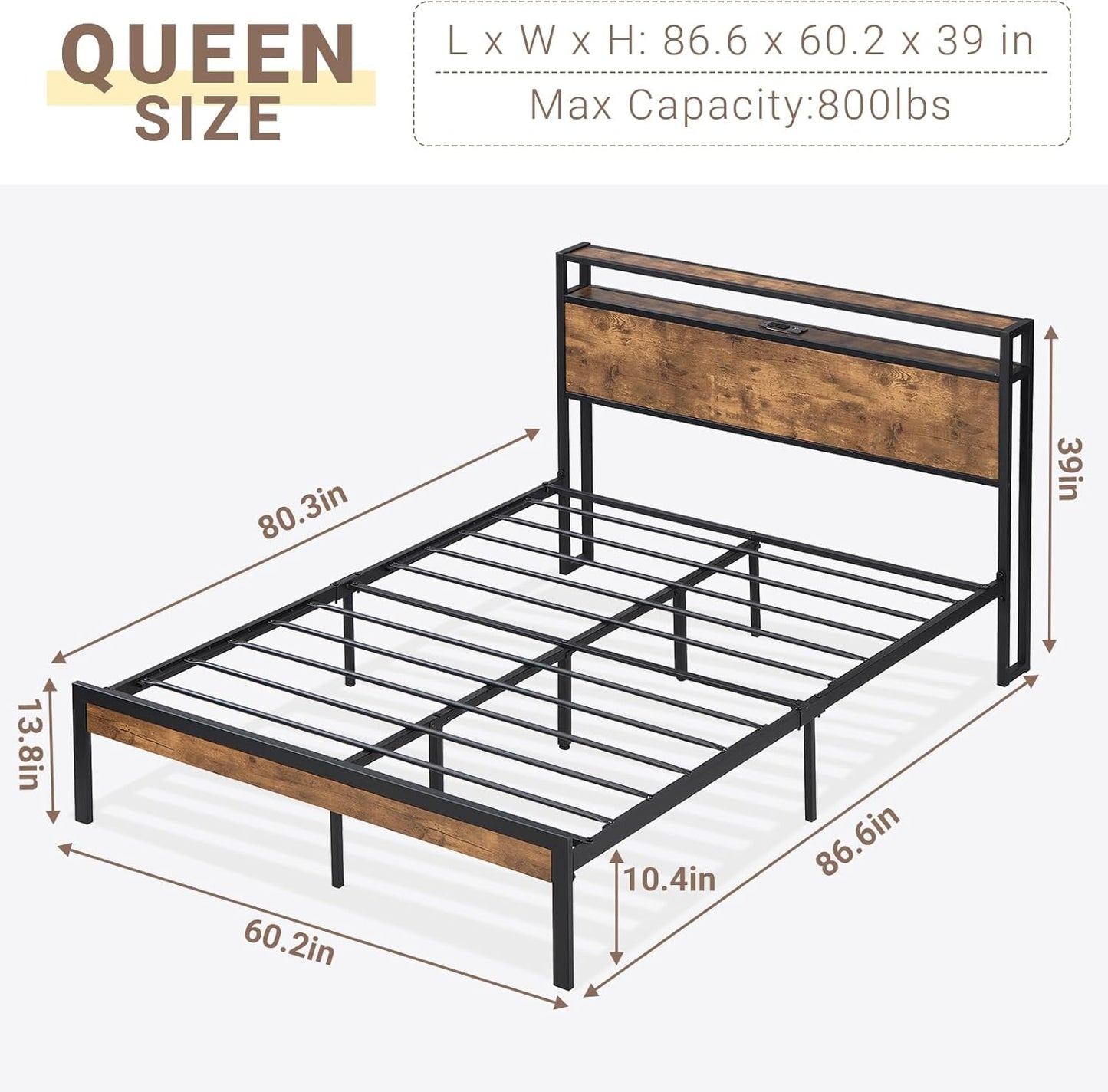 Base de cama Queen con estación de carga, puertos USB y tomacorrientes,...