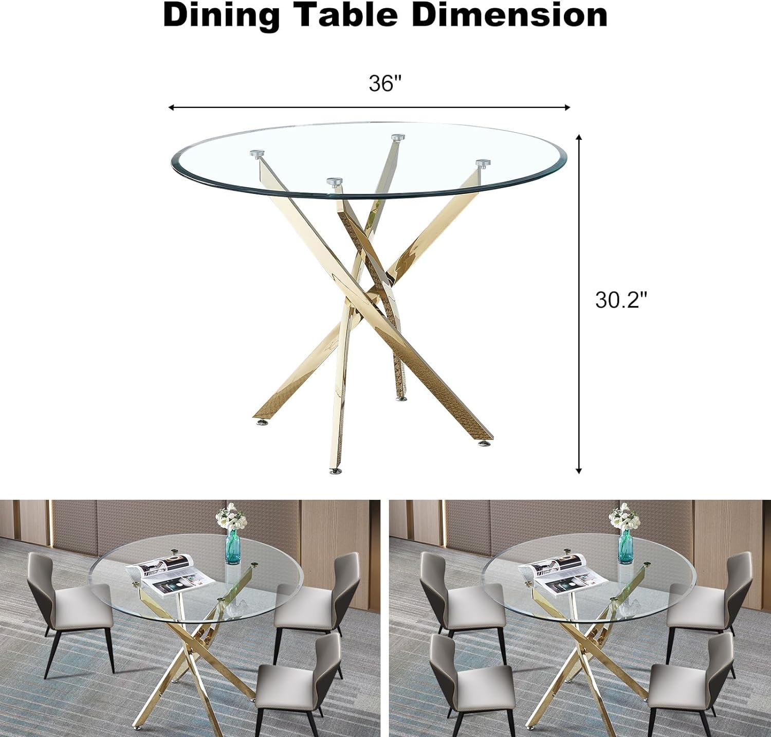 Mesa de comedor redonda de vidrio de 36 pulgadas para 4, mesa de comedor de