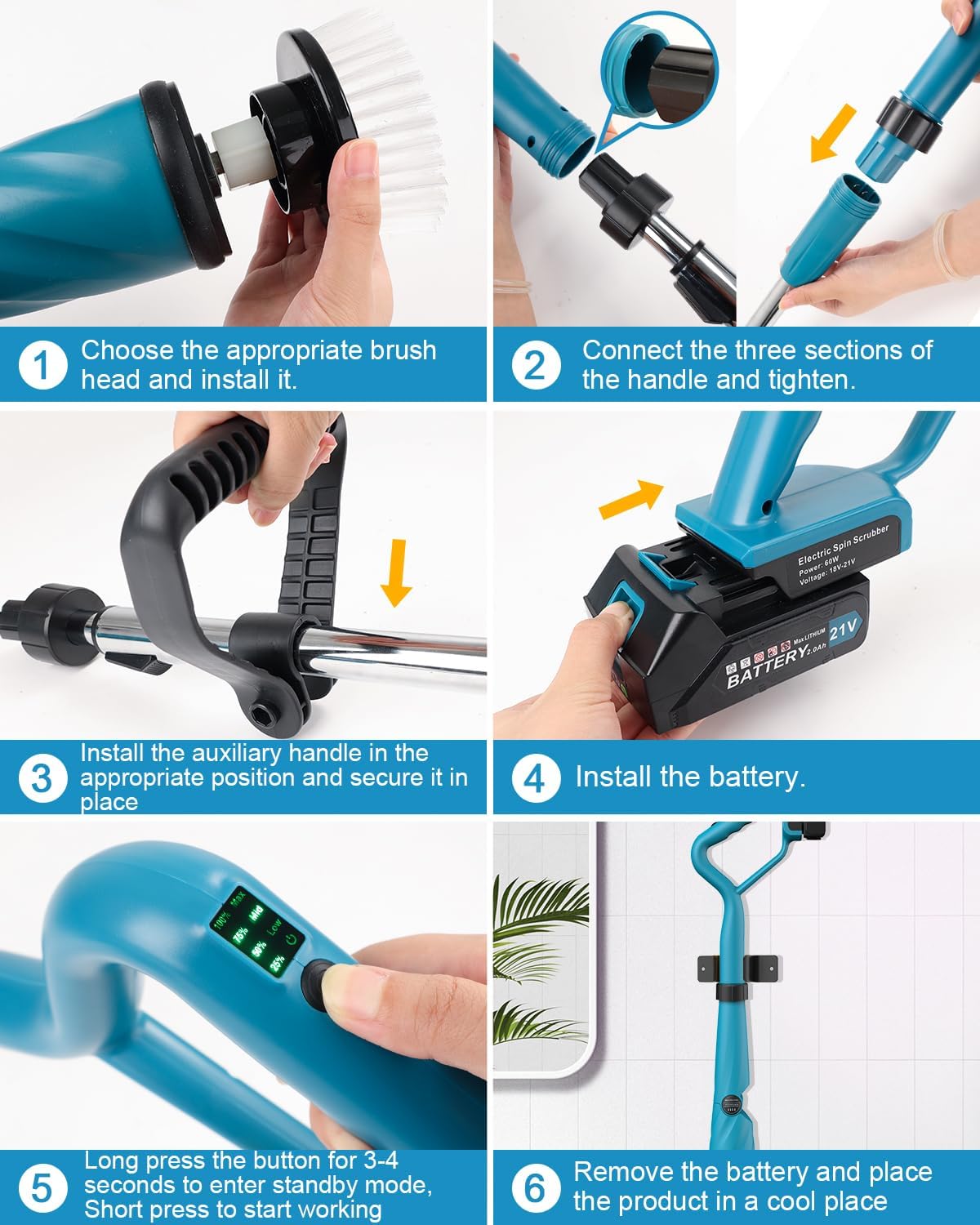 Limpiador eléctrico giratorio con batería de 1500 RPM actualizado con asa, 8