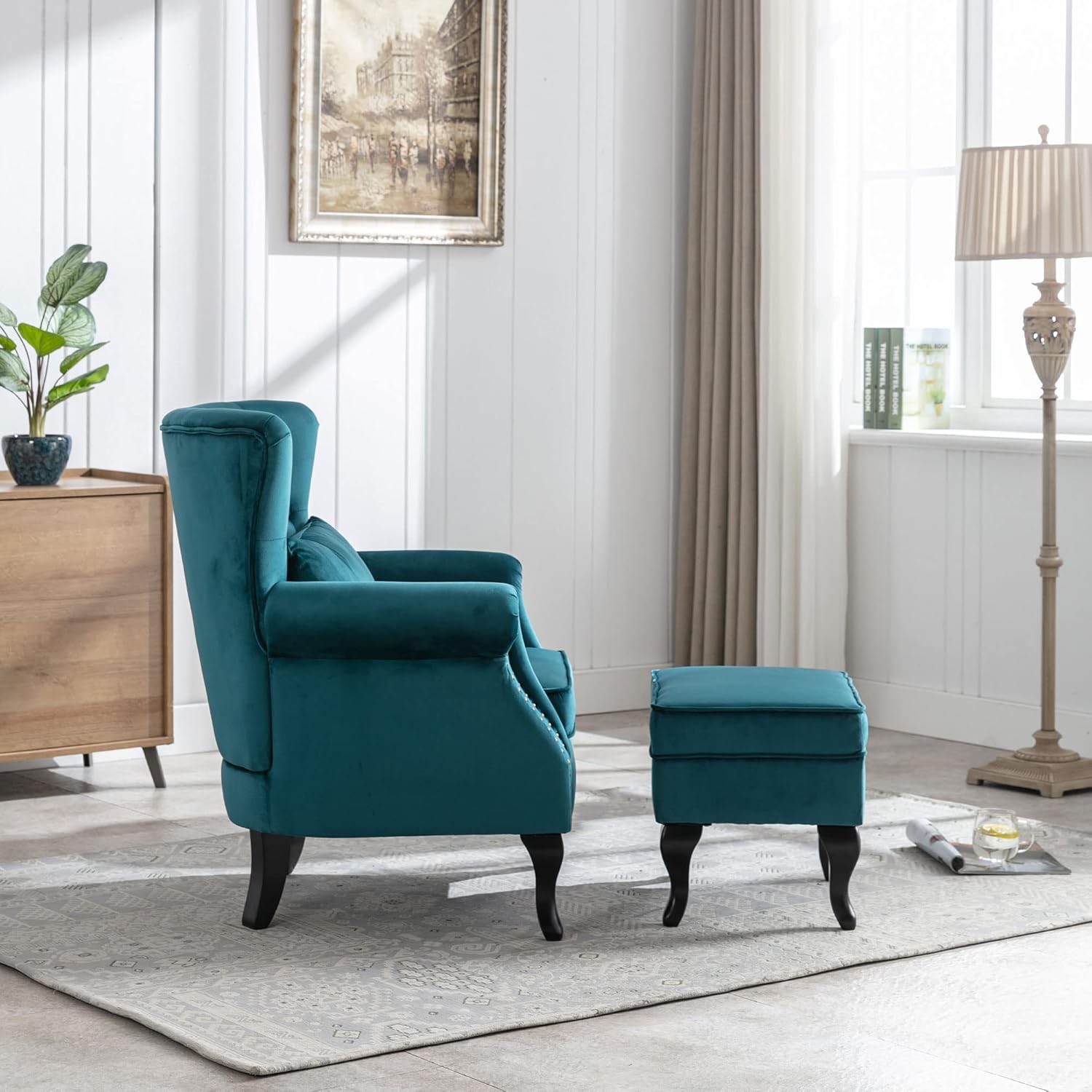 Sillón decorativo con otomana, de mediados de siglo, moderno, respaldo capitoné...