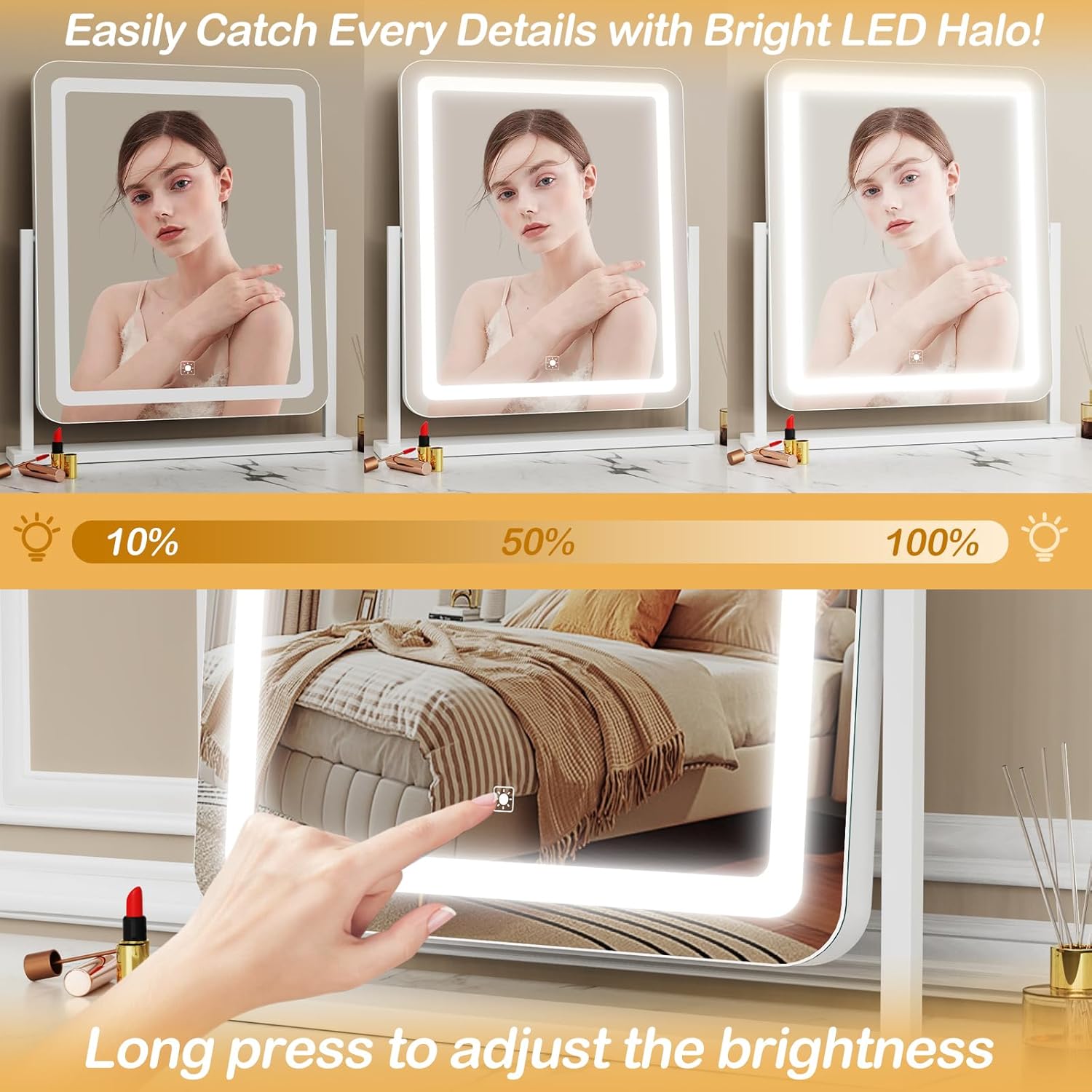 Espejo de tocador de maquillaje con luces de 15.2 pulgadas, espejo grande con...