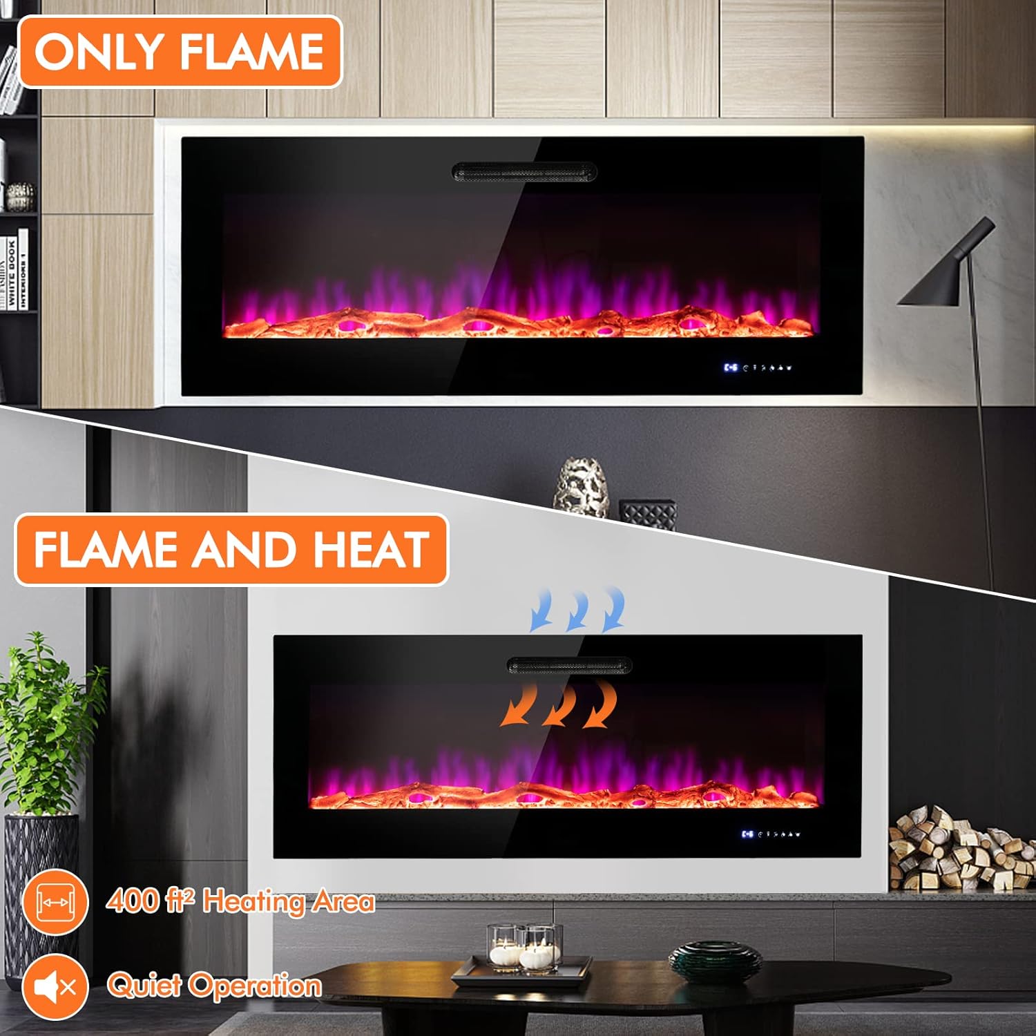 COSTWAY Chimenea eléctrica de 60 pulgadas de ancho, 750 W1500 W empotrada y...