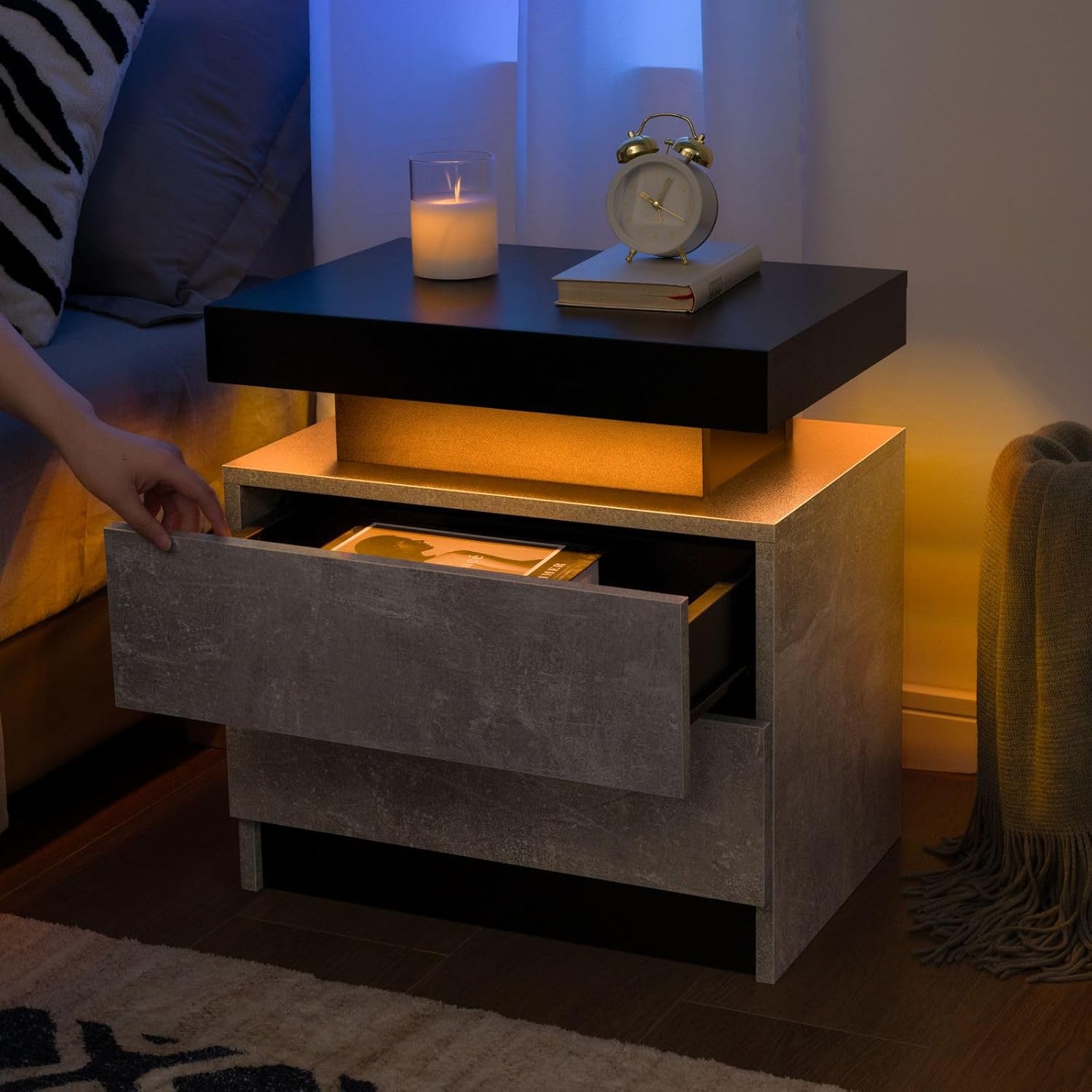 Mesita de noche LED mesita de noche con luces LED, mesa auxiliar moderna con 2...