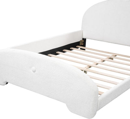 Cama tapizada de plataforma matrimonial con cabecera en forma de orejas de