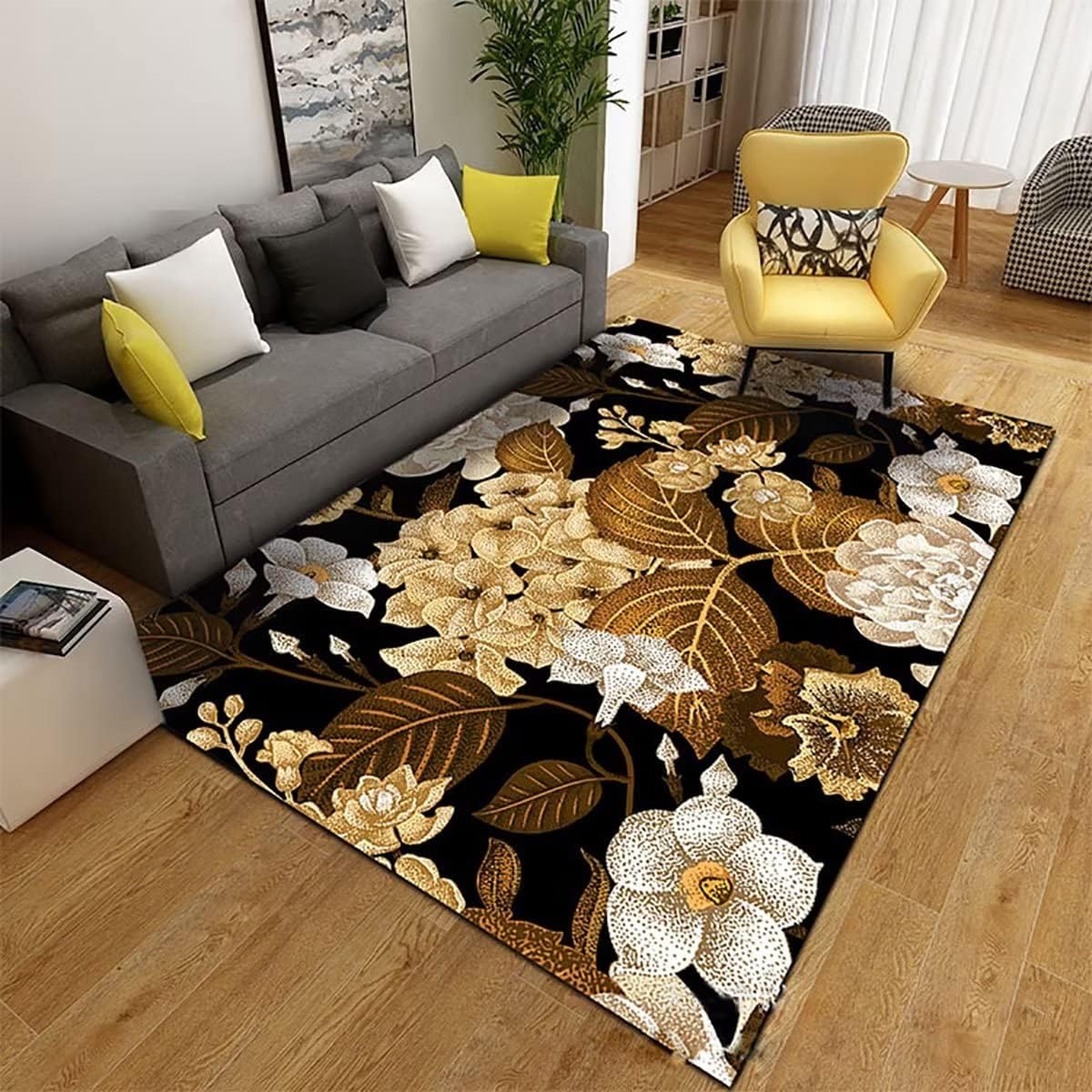 Alfombra rectangular con estampado de hojas negras y doradas para sala de...