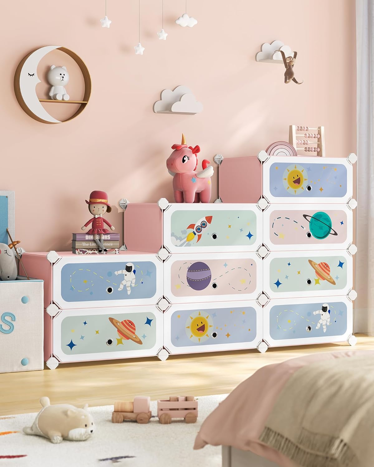 Zapatero para niños con puertas, organizador de almacenamiento apilable de 12