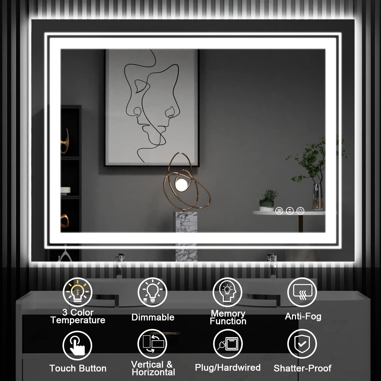 Espejo LED de baño, 40 x 32 pulgadas con luz frontal y retroiluminada,...