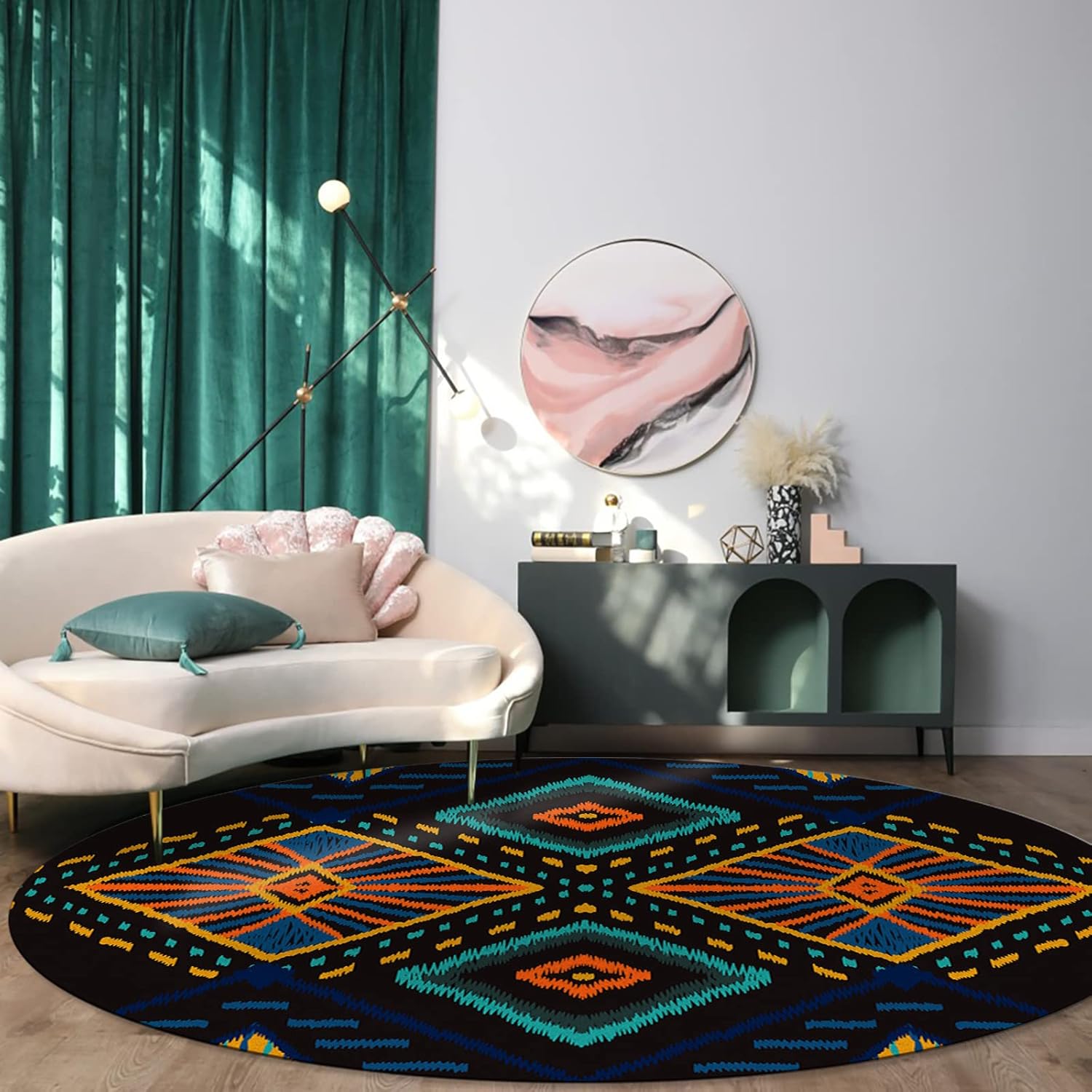Alfombra bohemia redonda de 6 pies, lavable para interiores y exteriores, para...