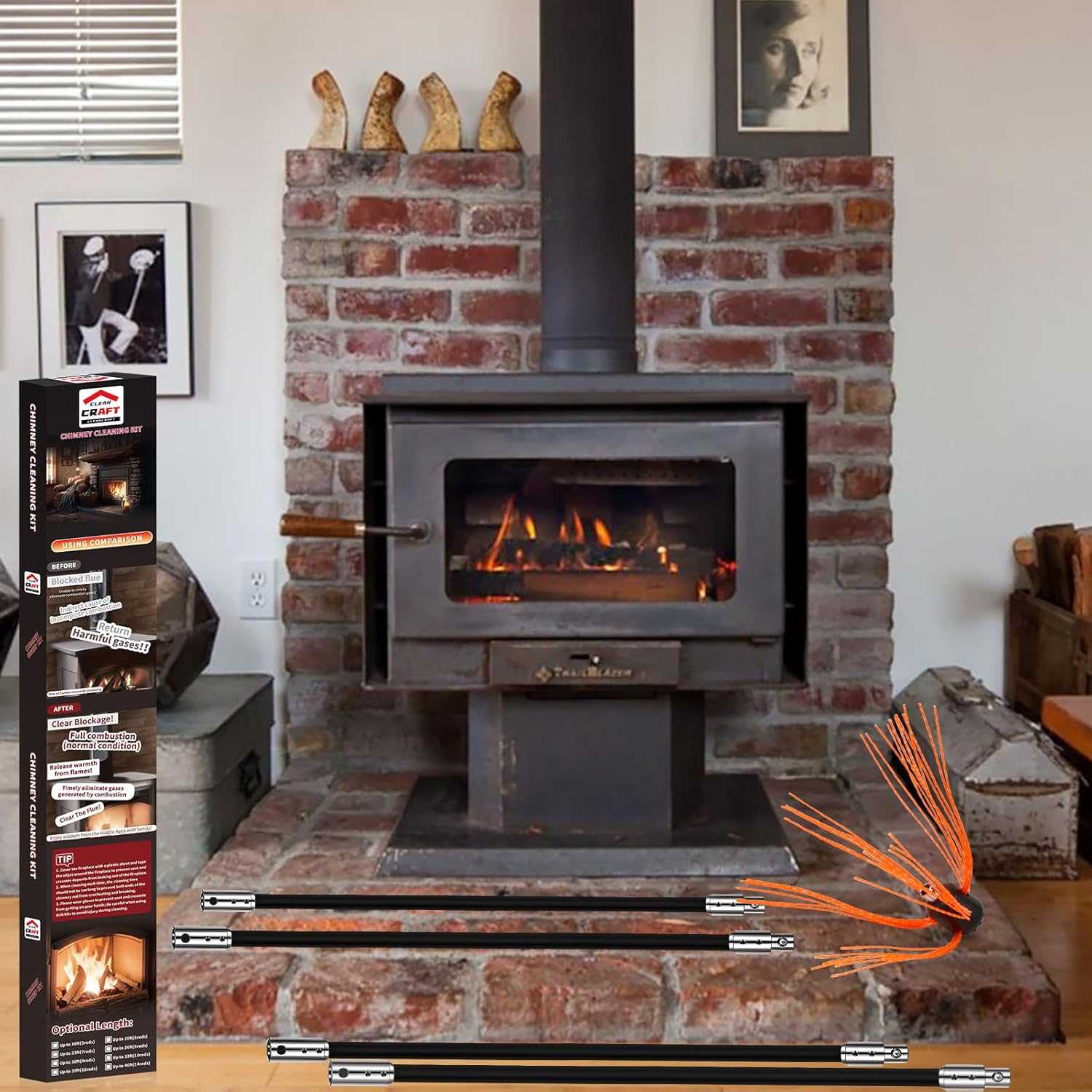 Kit de limpieza de chimenea de 16 pies, kit de limpieza de chimenea con 5...