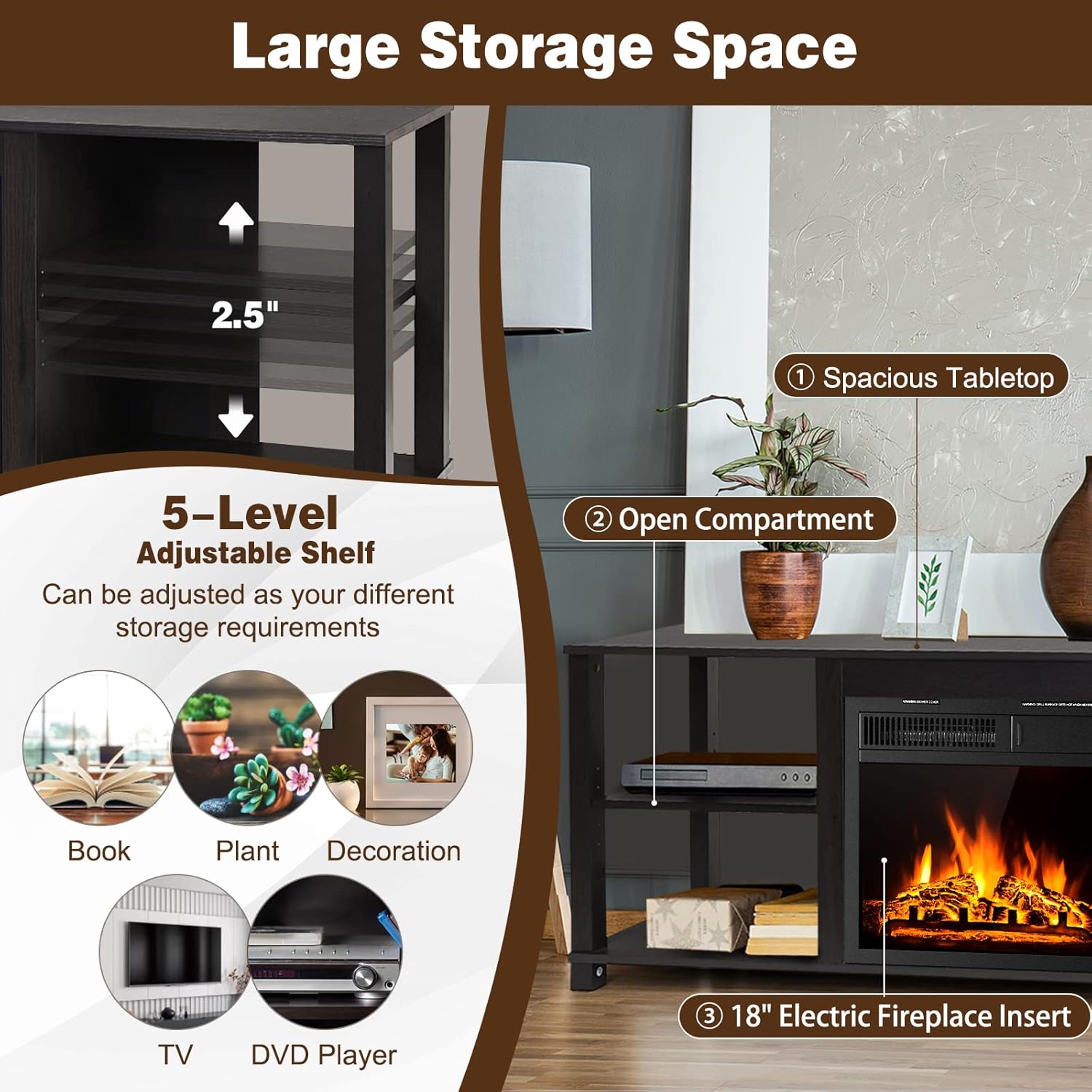 SIMOE Soporte de TV con chimenea de 59 pulgadas, soporte de TV con chimenea...