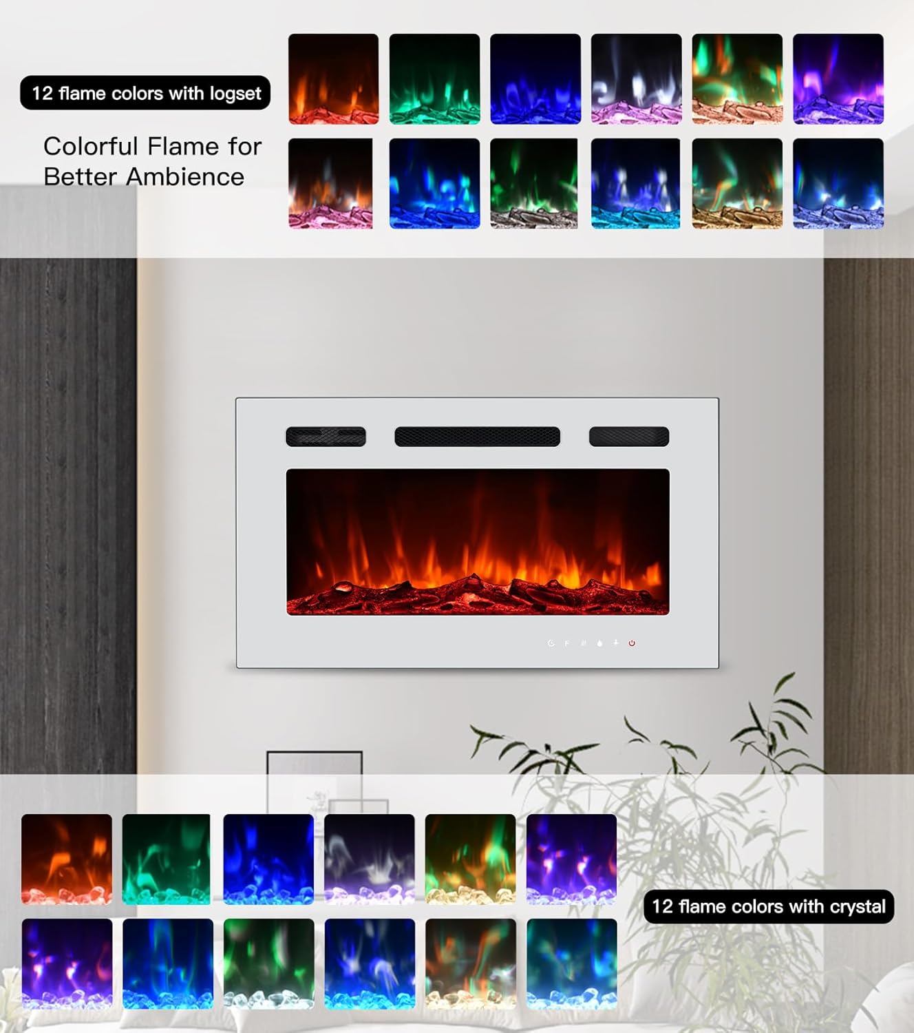 Panel de cristal para chimenea eléctrica con pantalla táctil, colorido inserto...