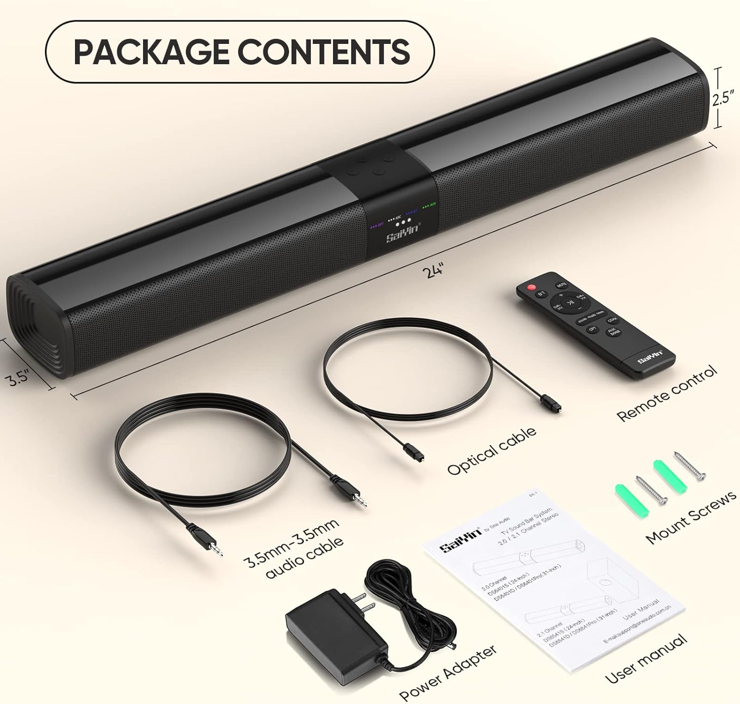Saiyin Barras de sonido para TV, barra de sonido de 24 pulgadas con HDMI (ARC),...