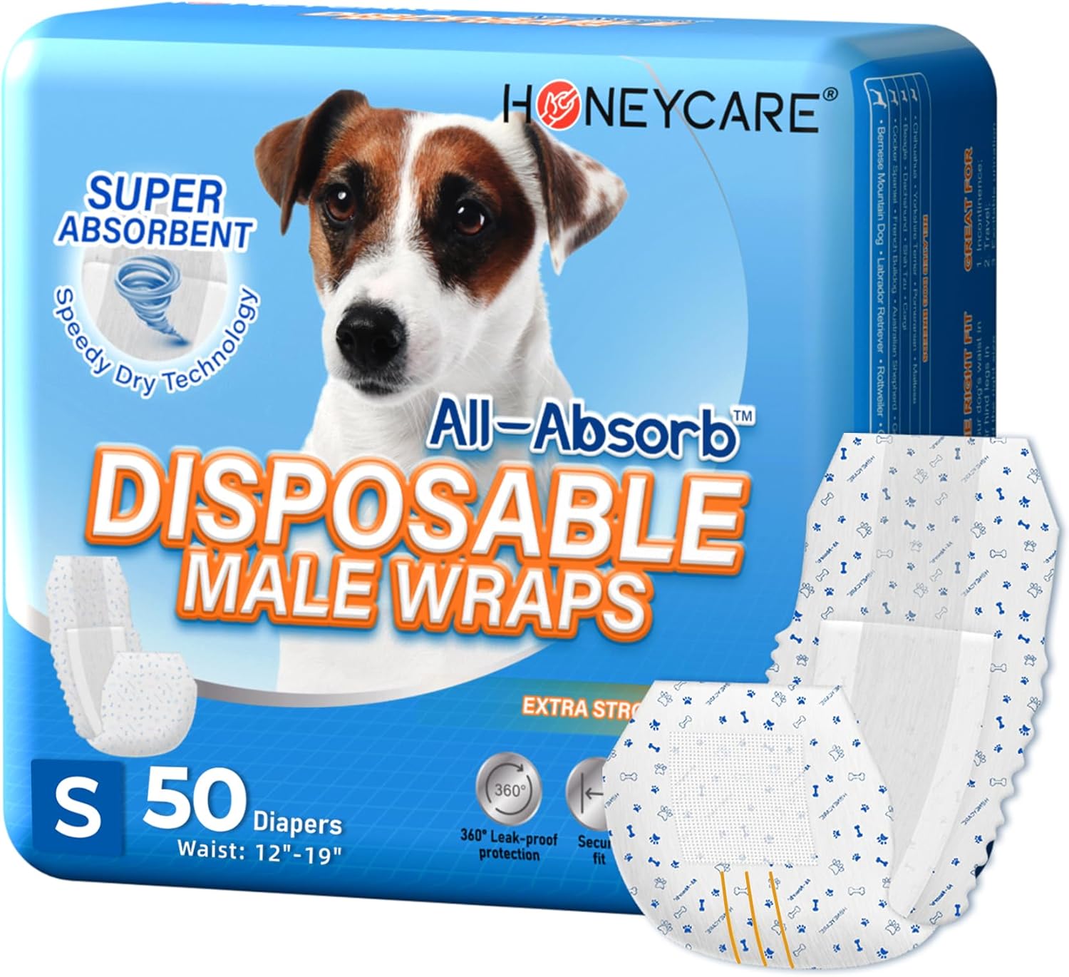 HONEY CARE All-Absorb A26 - Envoltura para perro macho, 50 unidades, pequeña