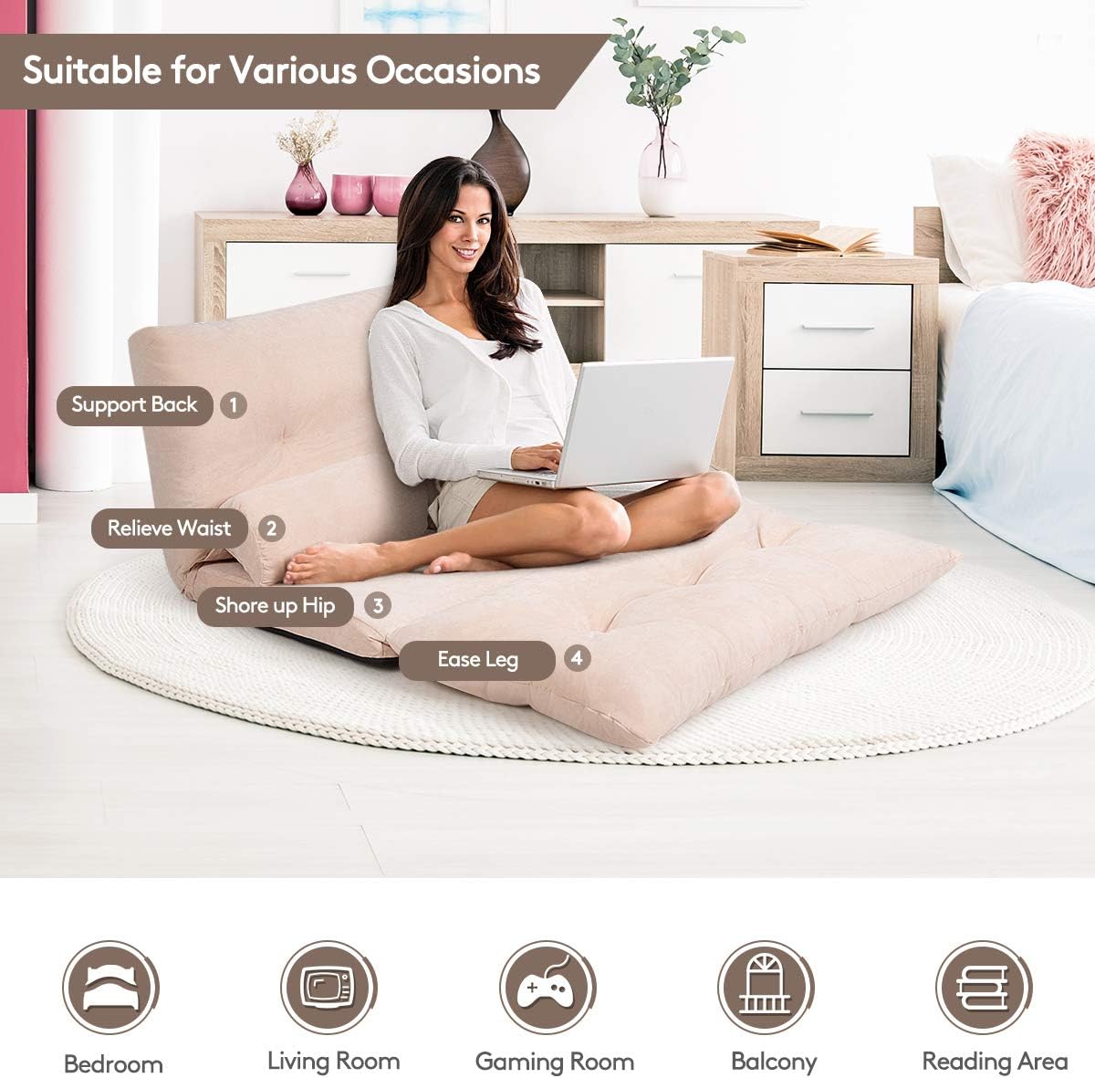 Sofá ajustable con 2 almohadas, sofá plegable multifuncional de 6 posiciones,