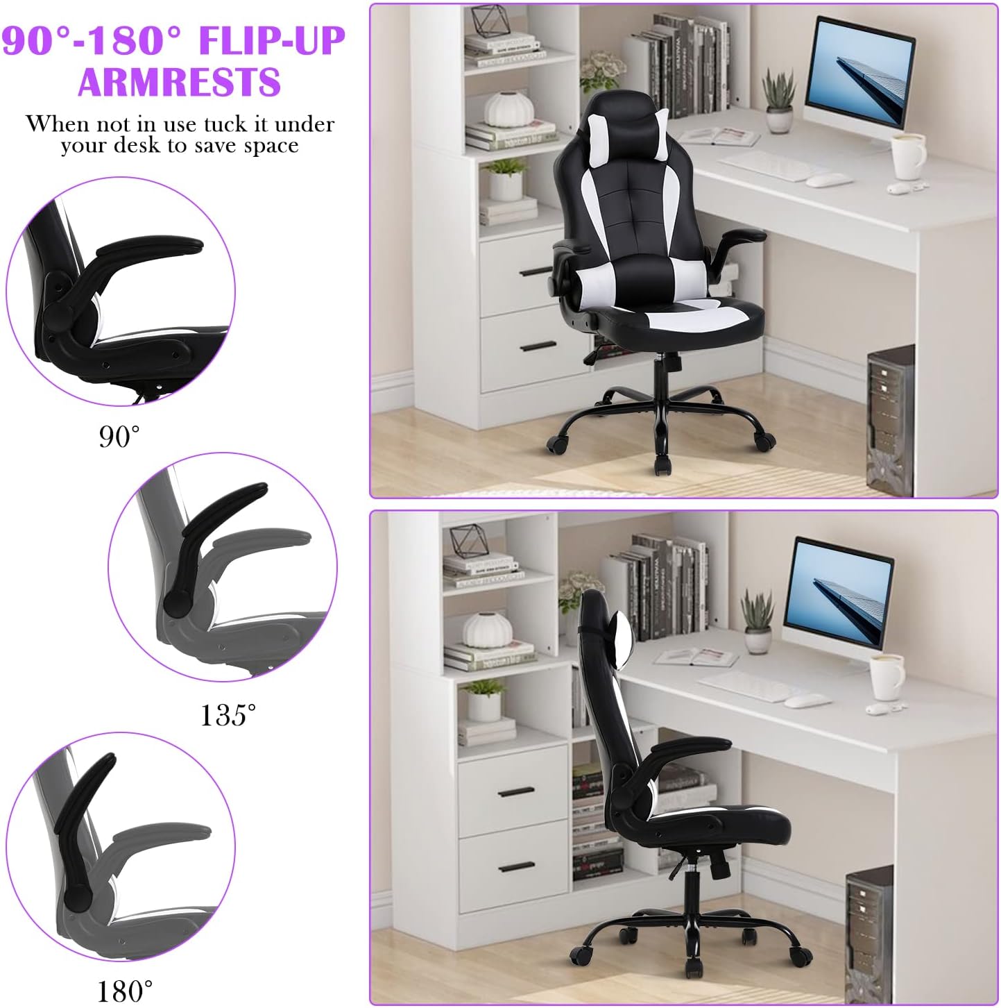 Silla de videojuegos, silla de computadora de piel sintética ajustable con...