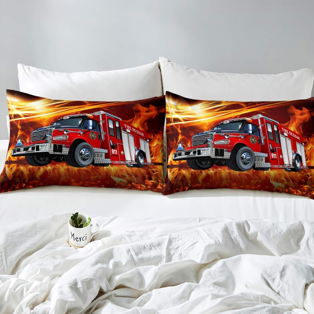 Erosebridal Juego de ropa de cama de camión de bomberos, funda de edredón de...