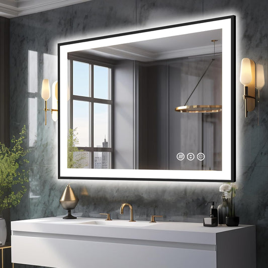 Espejo de tocador de baño LED de 40 x 36 pulgadas, borde de aluminio negro...